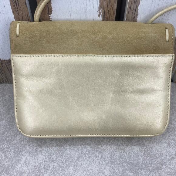 DONALD J PLINER Tan & Gold Suede Crossbody Purse Hammered Silver Hearts RARE - Picture 3 of 12